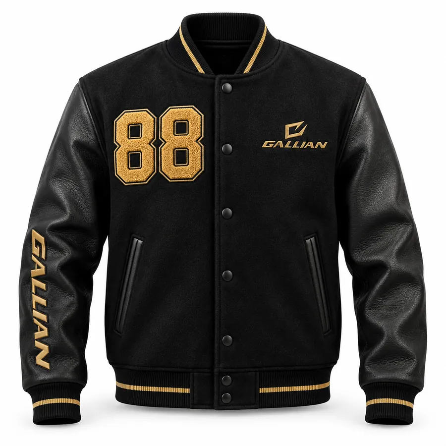 Front view of Gilded Night black varsity jacket with gold chenille 88 and gold-striped trims