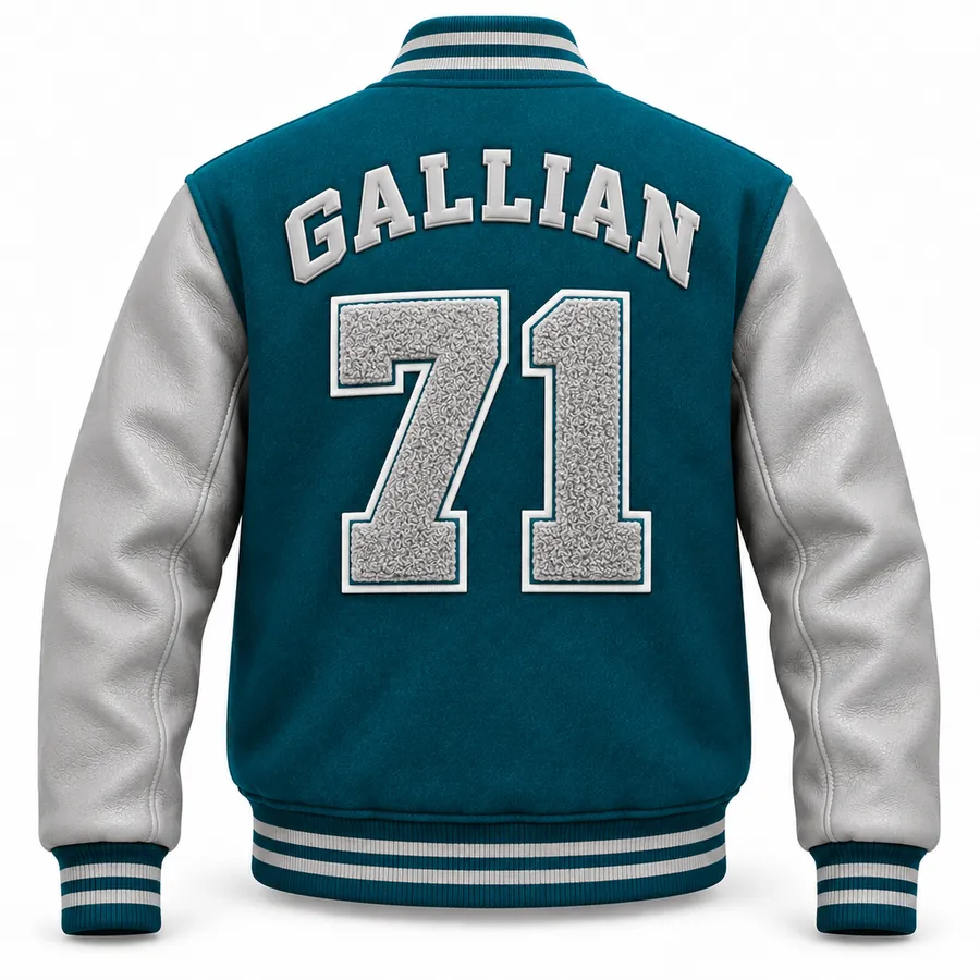 Back of teal and light grey varsity jacket with arched grey lettering and number 71