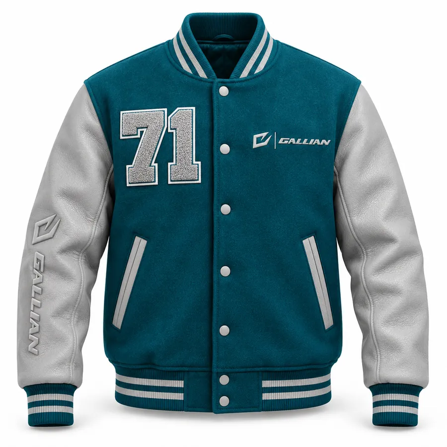 Harbor hockey varsity jacket front in teal wool with light grey sleeves and chenille 71