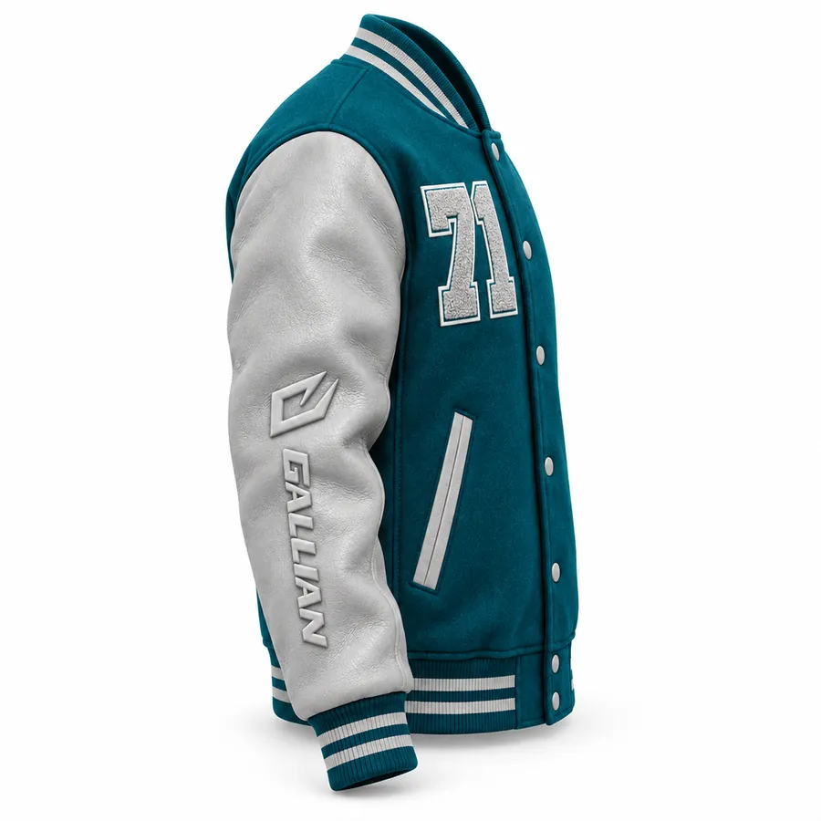Teal varsity jacket side view showing grey leather-look sleeve with debossed logo and striped cuff