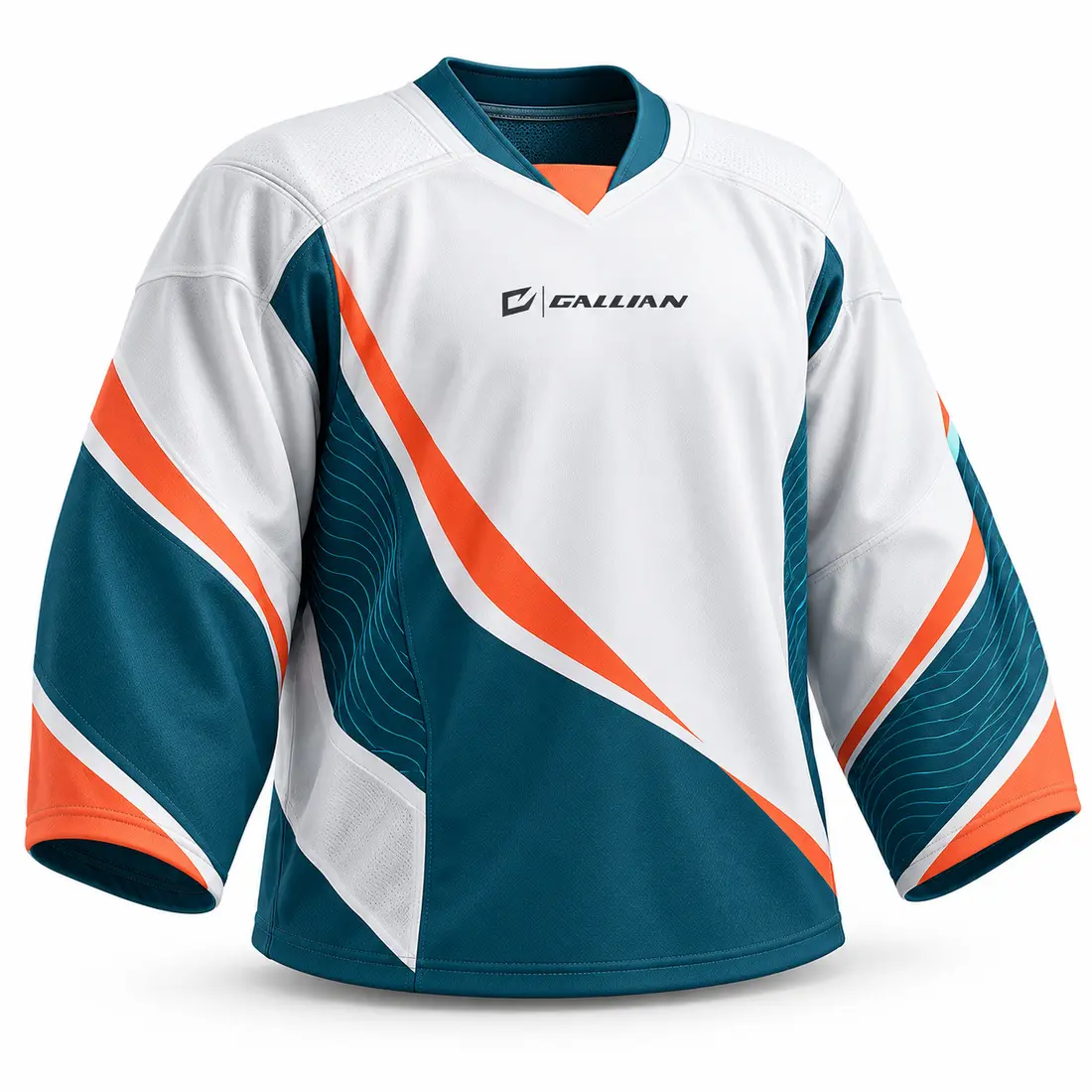 Gallian Tidal goalie-cut jersey in arctic white with deep petrol teal sweeping color blocks, ripple accents and coral orange trim