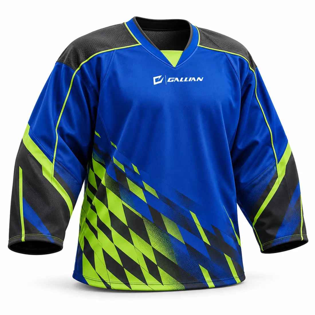 Gallian Voltage goalie-cut hockey jersey in royal cobalt blue with electric lime seam highlights and charcoal diagonal tessellation fade
