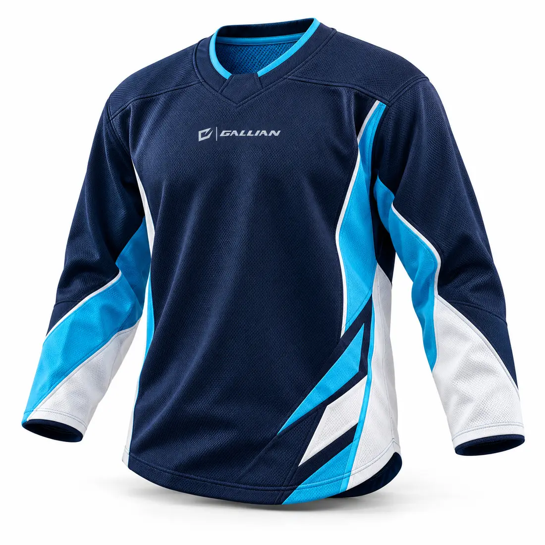 Gallian Apex Hockey Practice Jersey – Navy/Cyan/White Gallian Apex custom hockey practice jersey in midnight navy with glacier cyan piping, ice white panels and offset geometric shards
