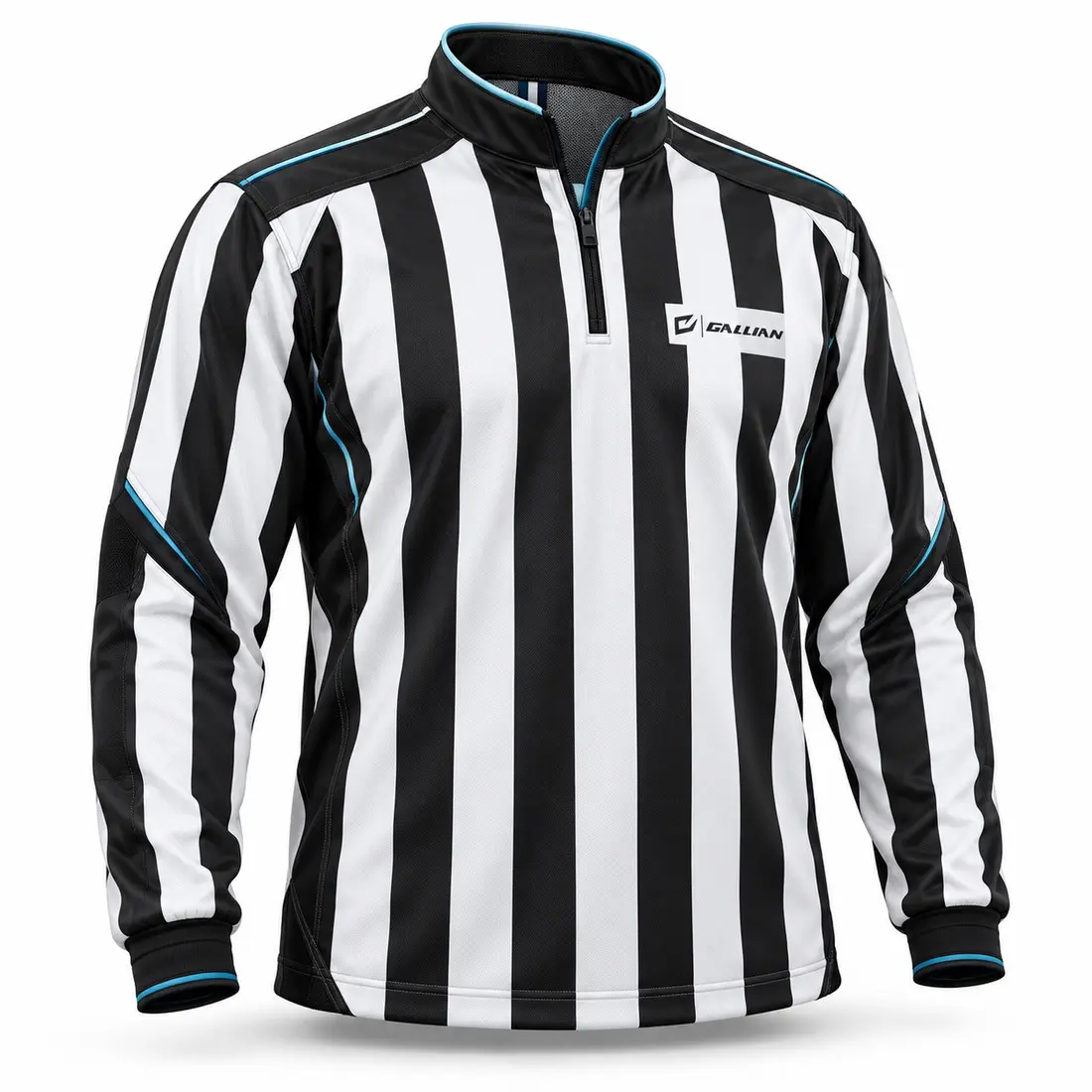Gallian Apex hockey referee jersey with traditional black and white 2-inch stripes, half-zip collar and thin navy and cyan piping