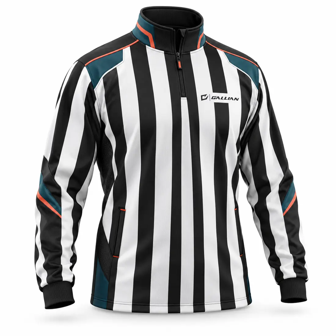 Gallian Tidal referee jersey with black and white 2-inch stripes, half-zip collar and arctic white, petrol teal and coral orange trim