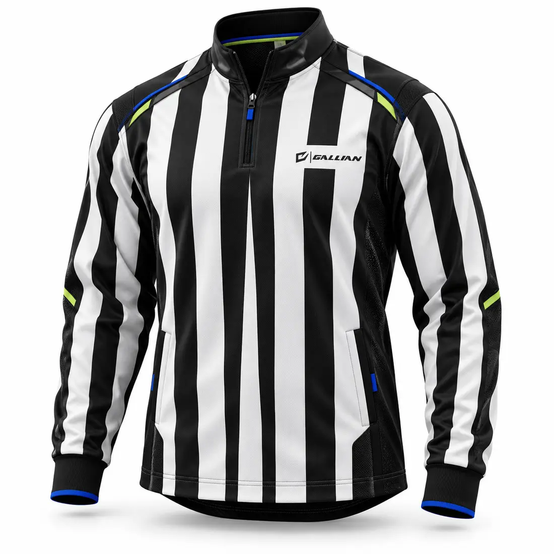 Gallian Voltage hockey referee jersey with black and white 2-inch stripes, half-zip collar, royal blue and electric lime trim