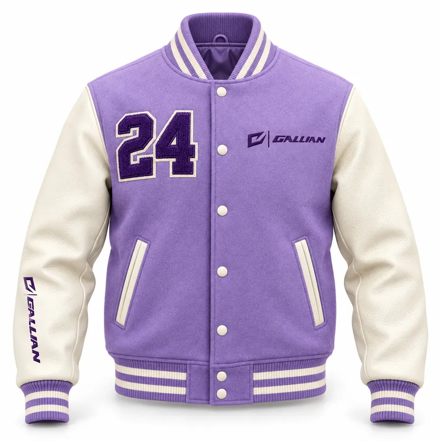 Lilac women's varsity jacket front in lavender wool with cream sleeves and purple chenille 24