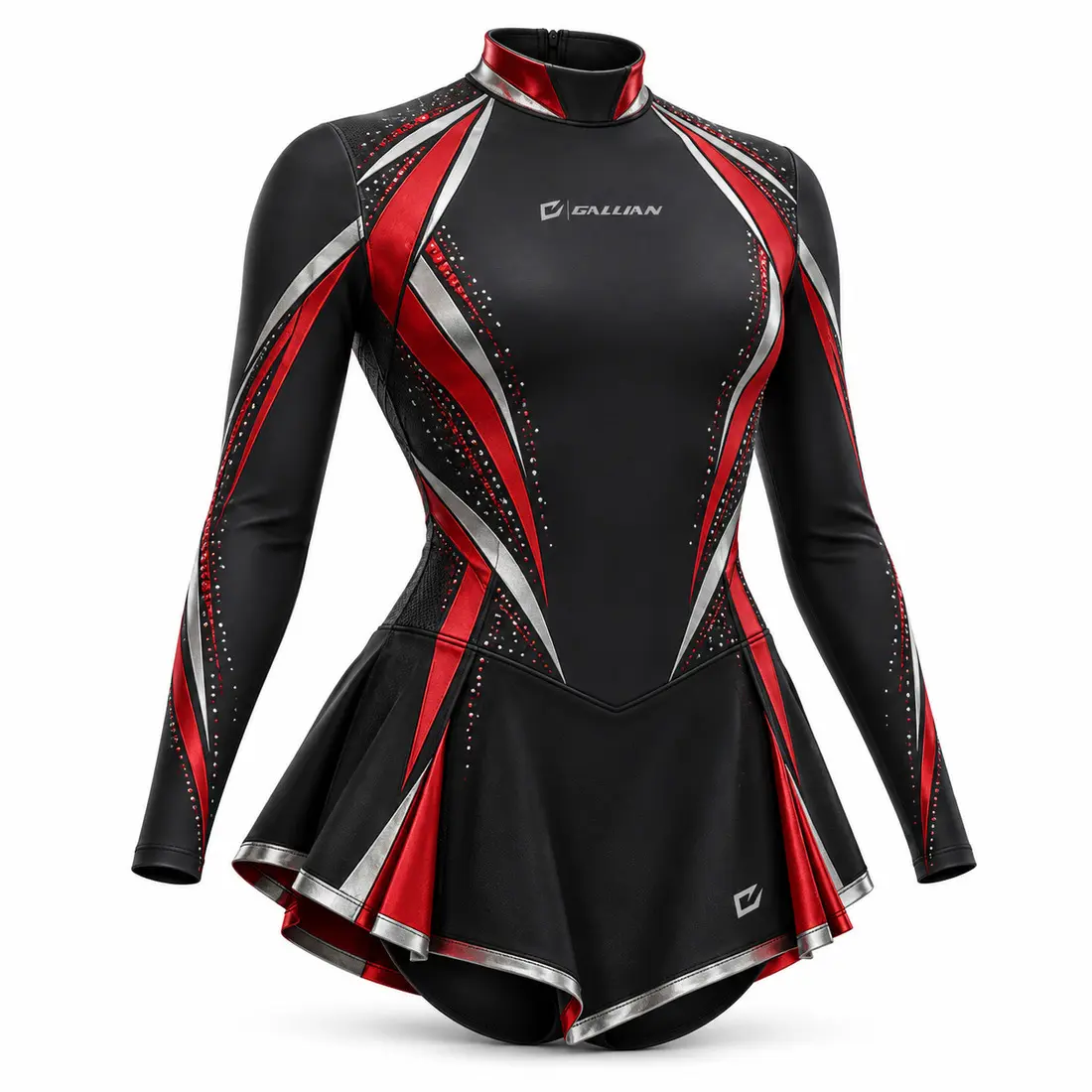 Graphite black high-neck majorette leotard and attached skirt with tapered vermilion red panels, silver texture and crystal trim