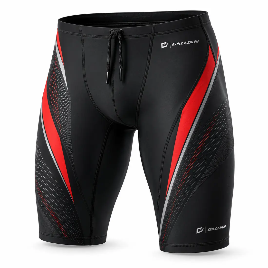 Ember men's above-knee swim jammers in graphite black with angled vermilion red speed panels, silver edge strip and fine line texture