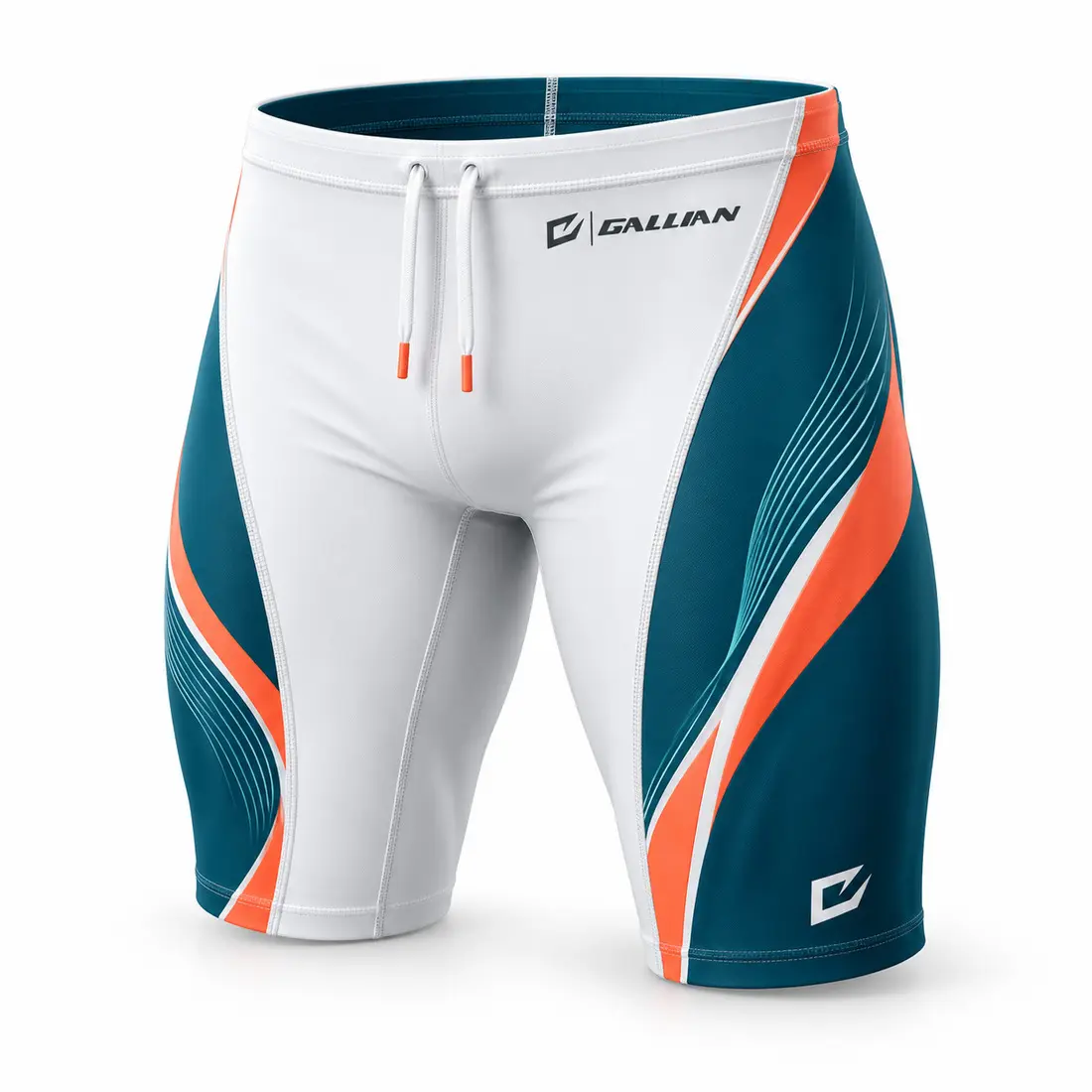 Tidal men's above-knee swim jammers in arctic white with sweeping petrol teal leg blocks, ripple-line accents and coral orange trim