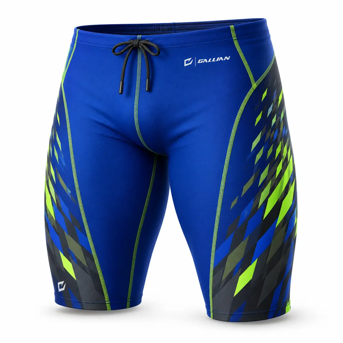 Voltage swim jammers in royal cobalt blue with electric lime diagonal tessellation gradient on the lower legs and charcoal trim