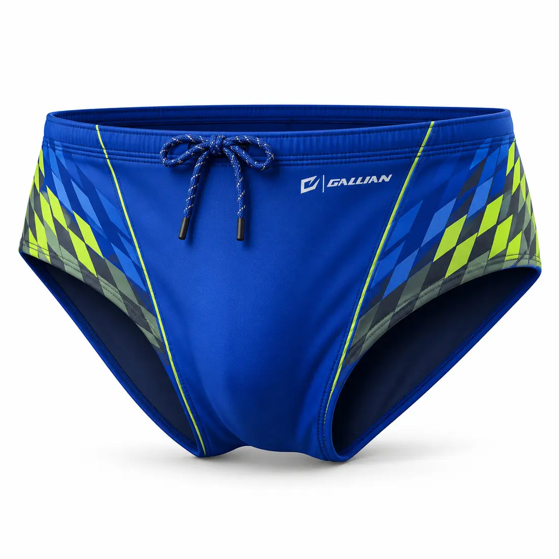 Gallian Voltage Men's Water Polo Brief – Blue/Lime/Charcoal Voltage boys' water polo brief in royal cobalt blue with lime and charcoal diamond tessellation side panels and lime seam piping
