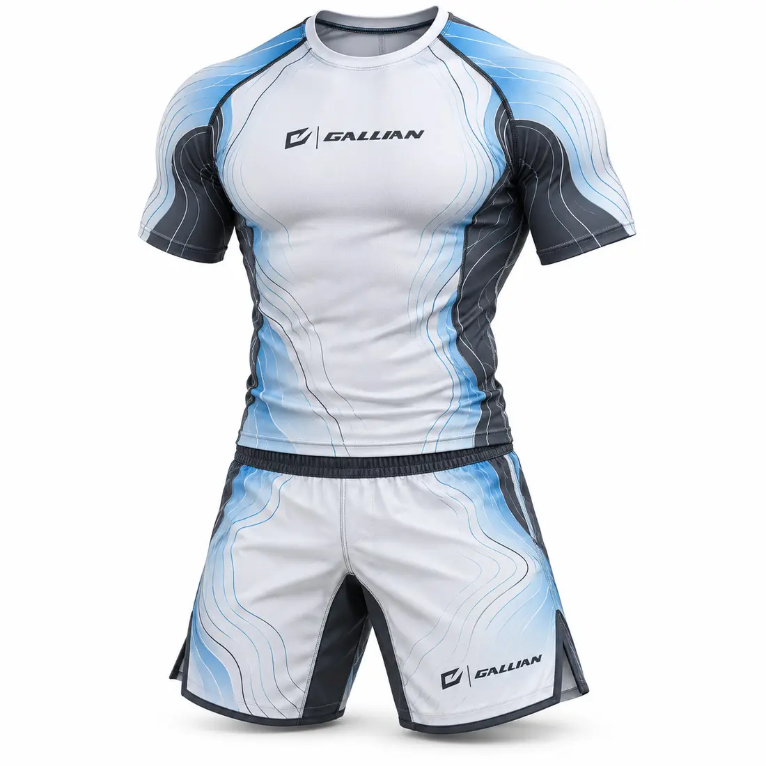 Gallian Glacier MMA Rash Guard & Shorts Set – White/Blue/Charcoal Glacier custom kids martial arts rash guard and shorts set in ice white with arctic blue contour gradients and charcoal seam accents