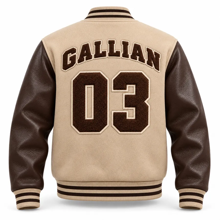 Back of sand and brown varsity jacket with arched brown chenille name and number 03