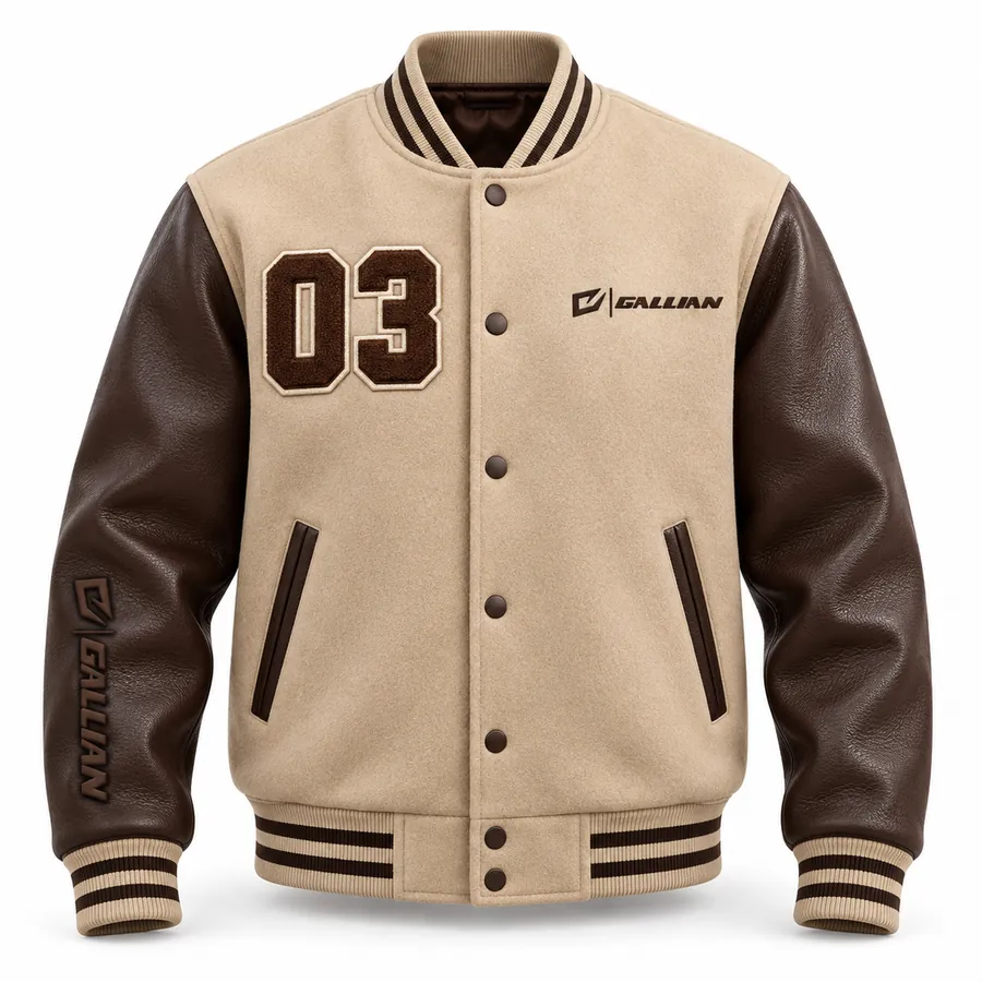 Front view of Mocha sand varsity jacket with dark brown sleeves and brown chenille 03