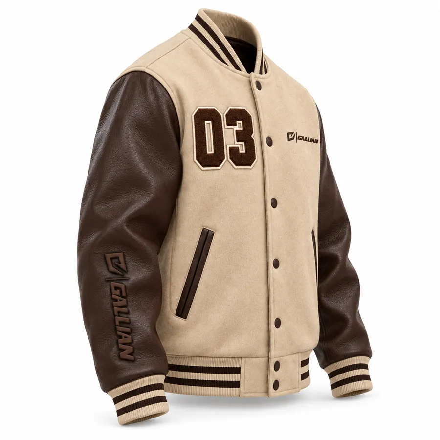 Angled side view of sand varsity jacket with dark brown sleeve and debossed sleeve logo