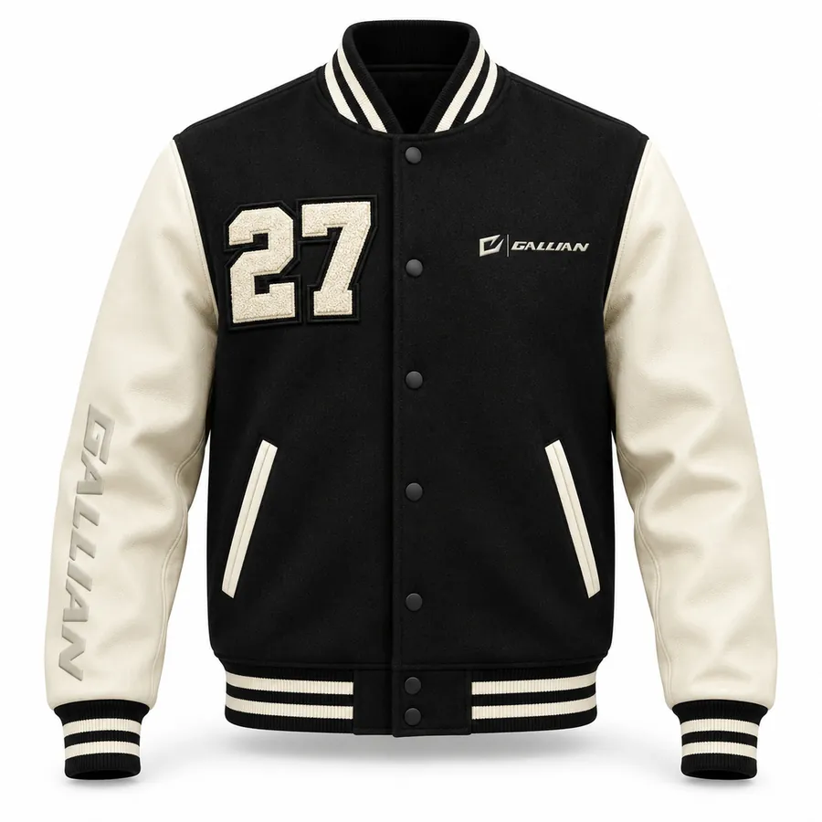 Front of Onyx black and cream varsity jacket with chenille 27 and embroidered chest logo