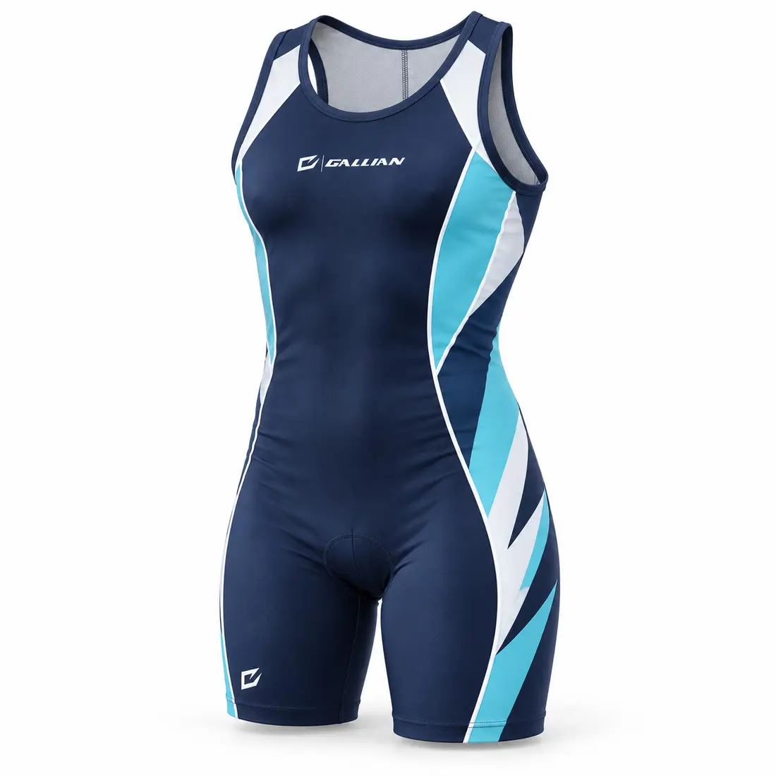 Navy rowing unisuit with glacier cyan and ice white asymmetric side panels, thin piping and geometric shards near the lower hem