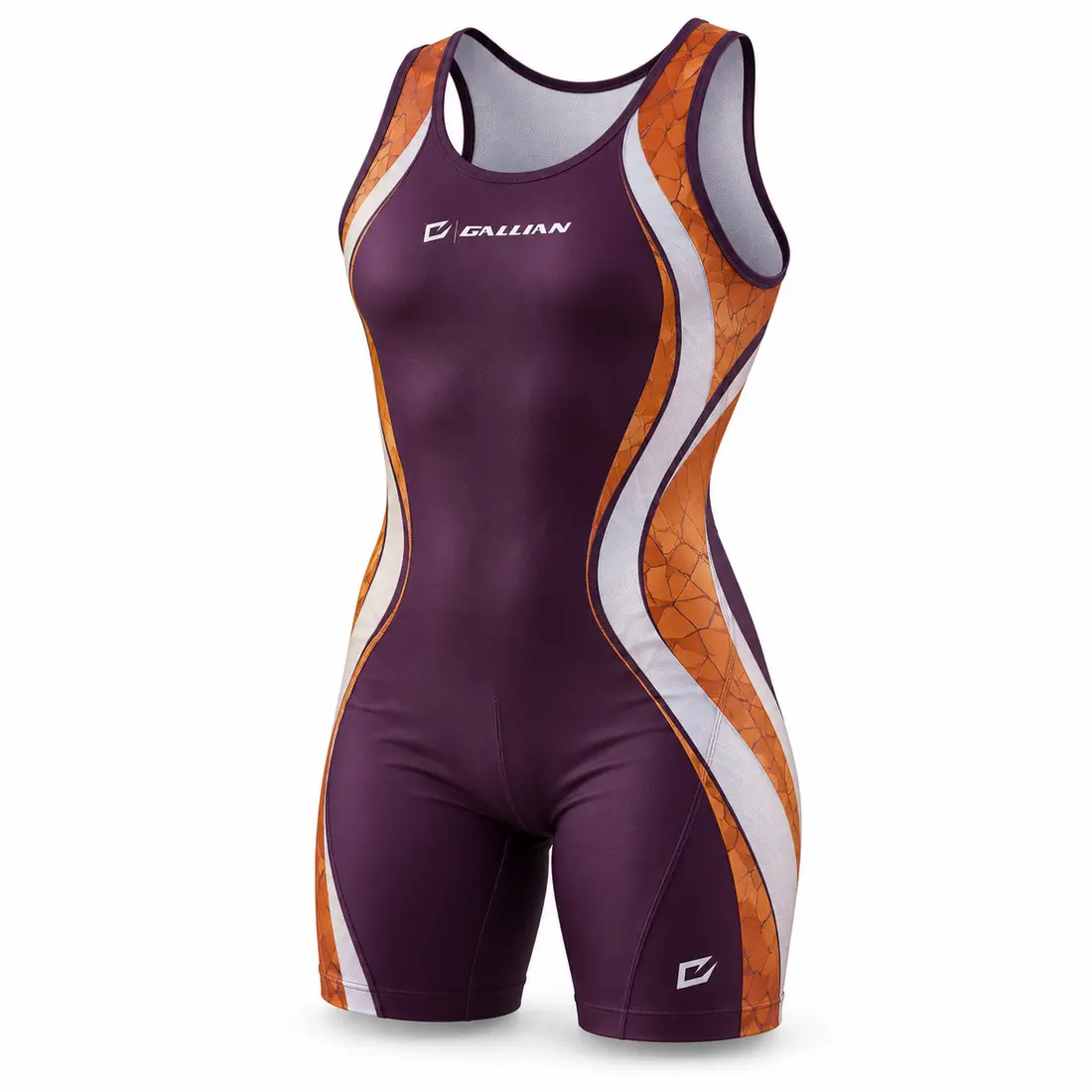 Plum purple rowing unisuit with bronze orange curved side panels, a subtle fractured mosaic texture and a clean pearl white center