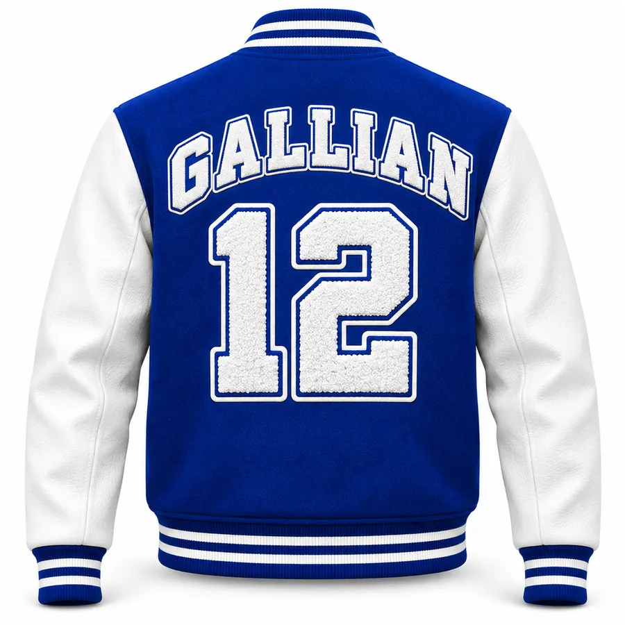 Back of royal blue and white varsity jacket with arched white chenille name and number