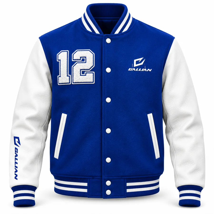 Royal Flight letterman jacket front in royal blue wool with white sleeves and chenille 12