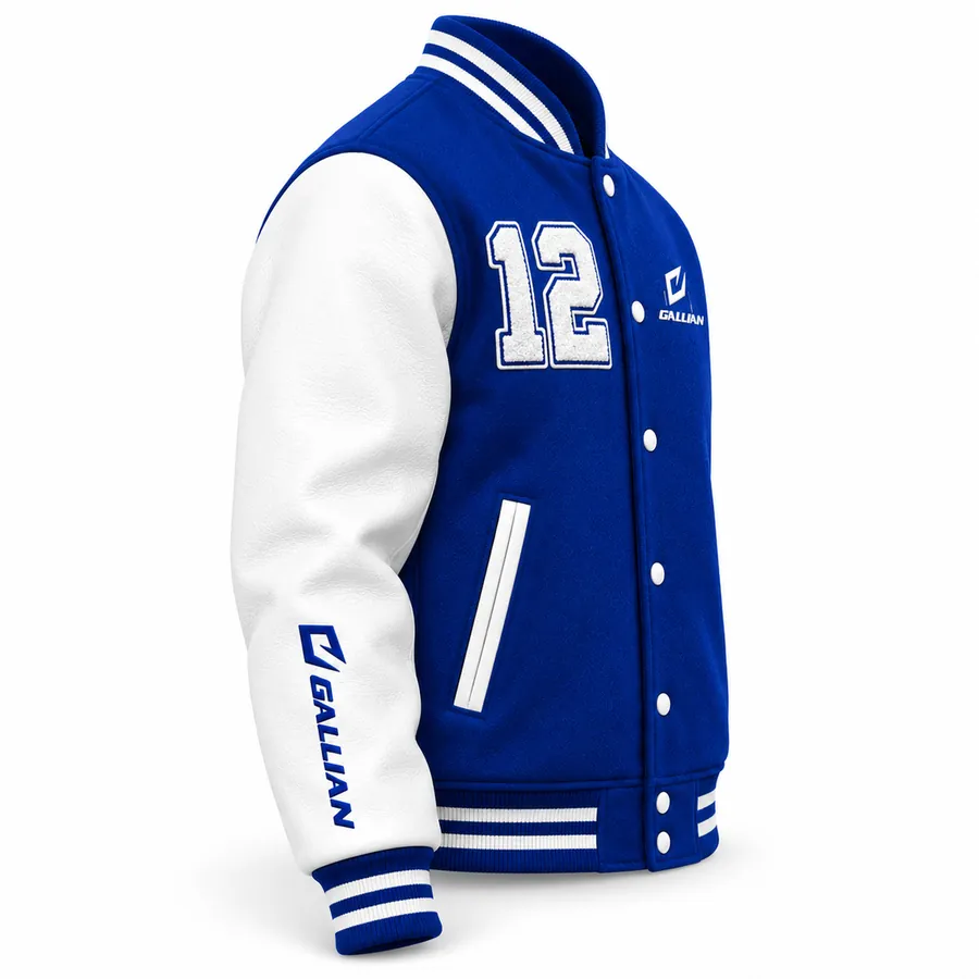 Royal blue varsity jacket side profile showing white leather-look sleeve with royal sleeve logo