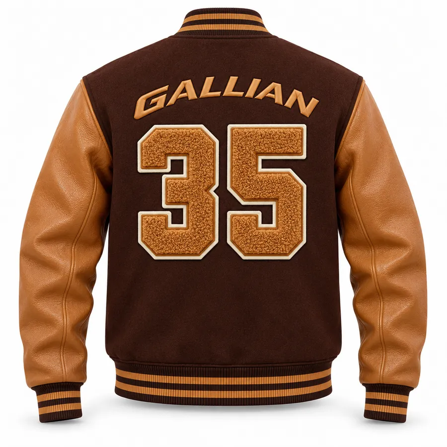Back of dark brown and tan varsity jacket with arched lettering and textured chenille 35