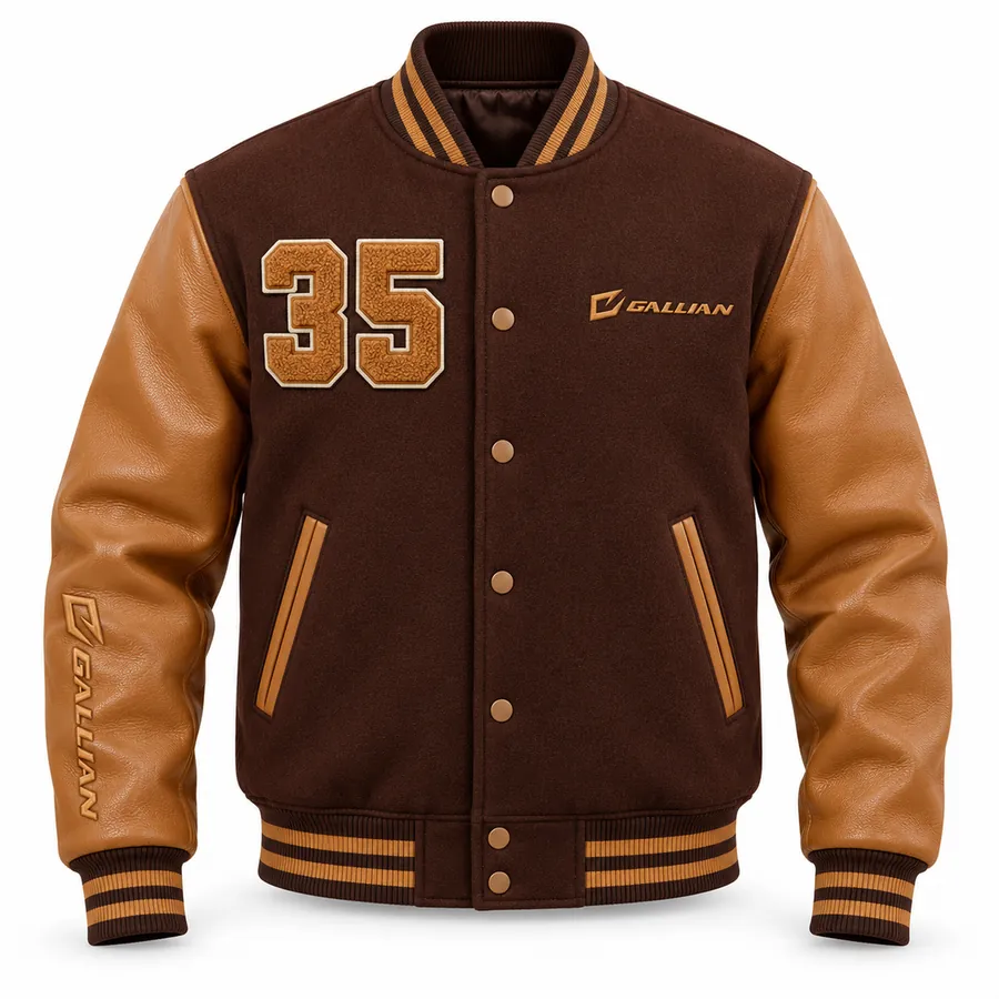 Saddle varsity jacket front in dark brown wool with cognac tan sleeves and tan chenille 35