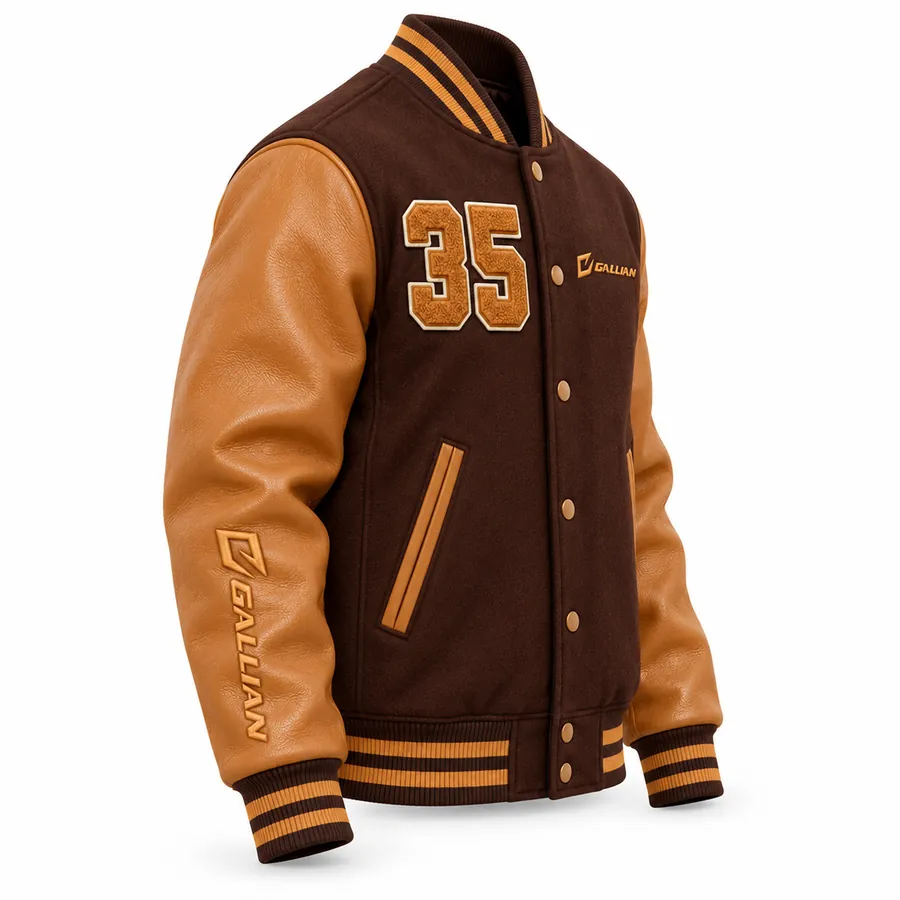 Side angle of brown varsity jacket with cognac tan sleeve, debossed logo and striped cuff