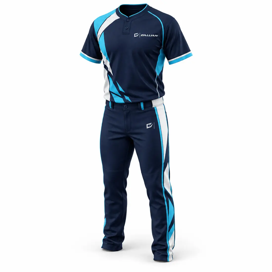 Midnight navy two-button slo-pitch jersey with glacier cyan asymmetric side panels, ice white piping and matching softball pants