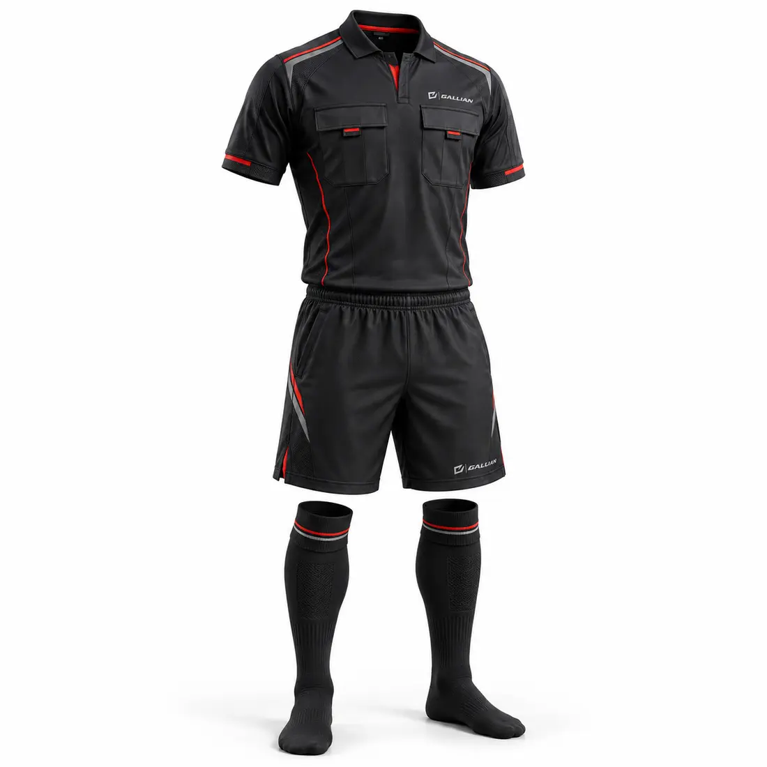 Gallian Ember Soccer Referee Kit – Black/Red/Silver Gallian Ember soccer referee kit with graphite black two-pocket shirt, black shorts and socks, and vermilion red and silver accents