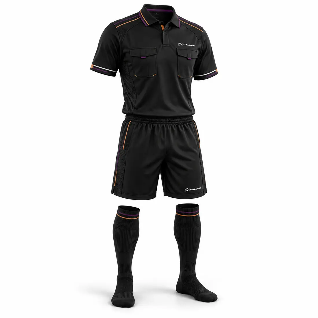 Gallian Sovereign women's fit soccer referee kit with dark two-pocket shirt, shorts and socks, and plum and bronze orange accents