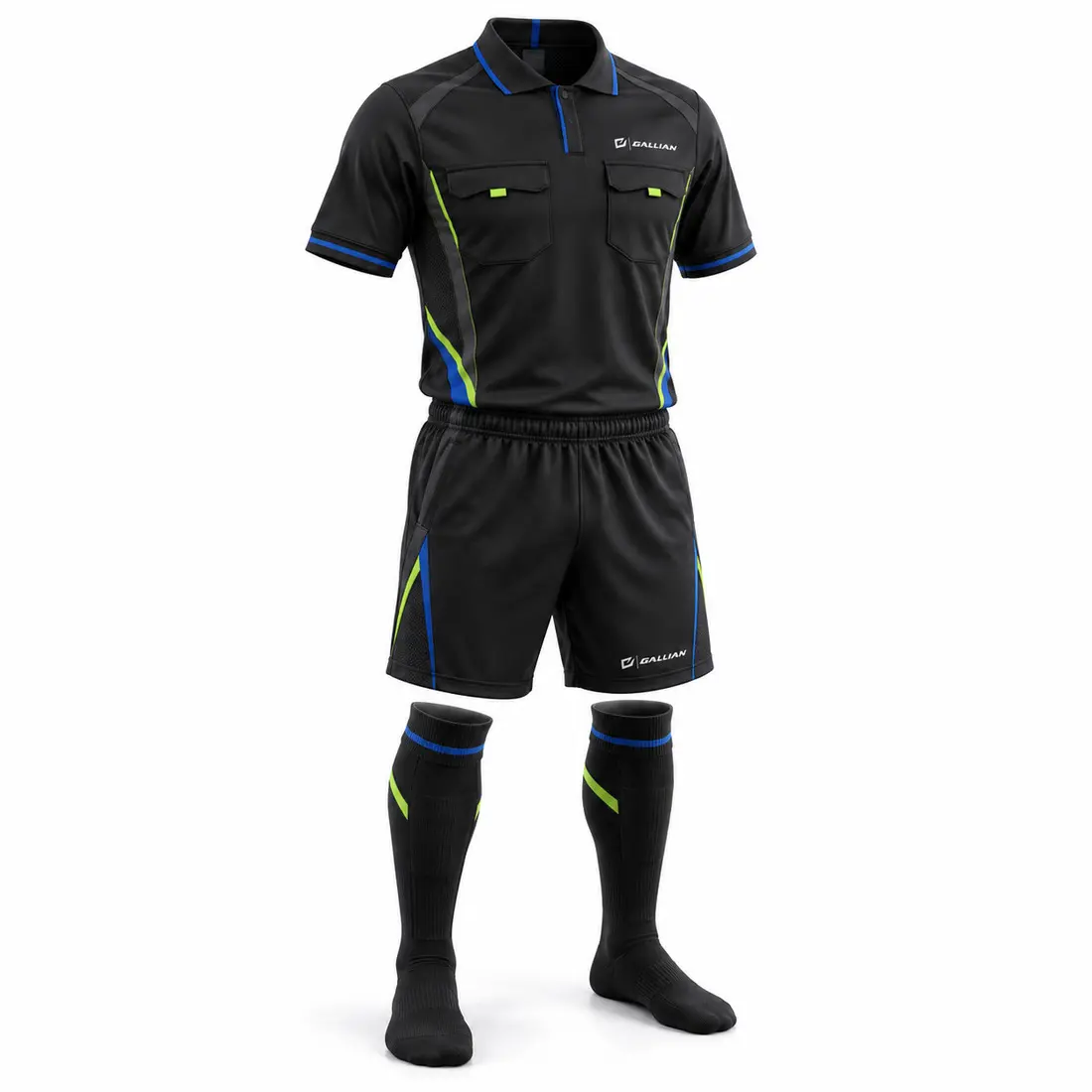 Gallian Voltage soccer referee kit with dark two-pocket shirt, shorts and socks, and royal blue and electric lime collar and cuff accents