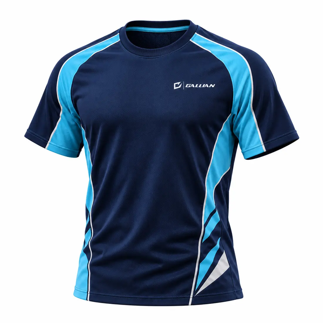Apex custom soccer training shirt in midnight navy with glacier cyan side panels, white piping and a clean sponsor-ready chest panel