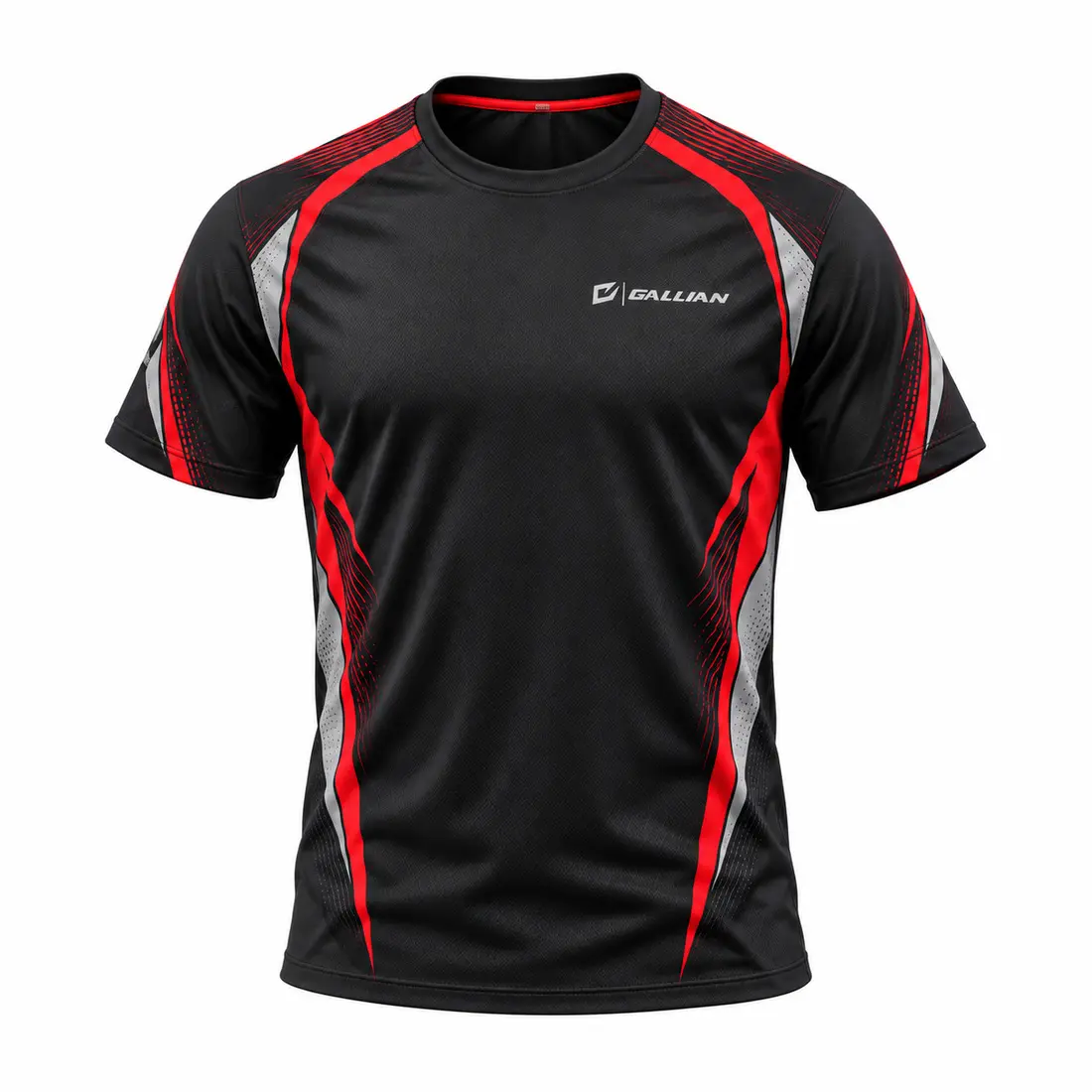 Gallian Ember Sponsor-Ready Soccer Training Shirt – Black/Red/Silver Ember custom soccer training shirt in graphite black with angled vermilion red speed panels, silver accents and a clean sponsor chest