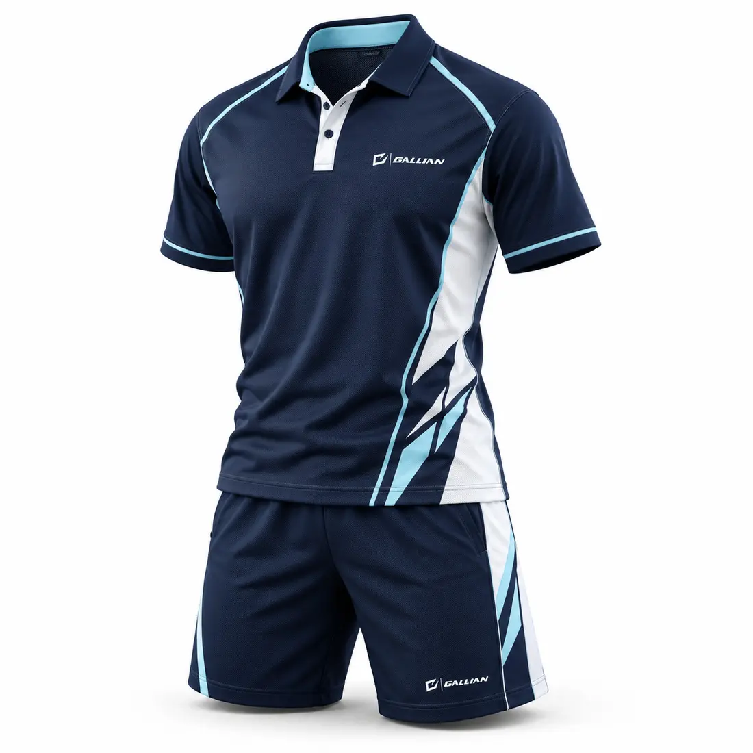 Navy tennis polo and above-knee shorts with glacier cyan and ice white asymmetric side panels, thin piping and geometric shards at the hem