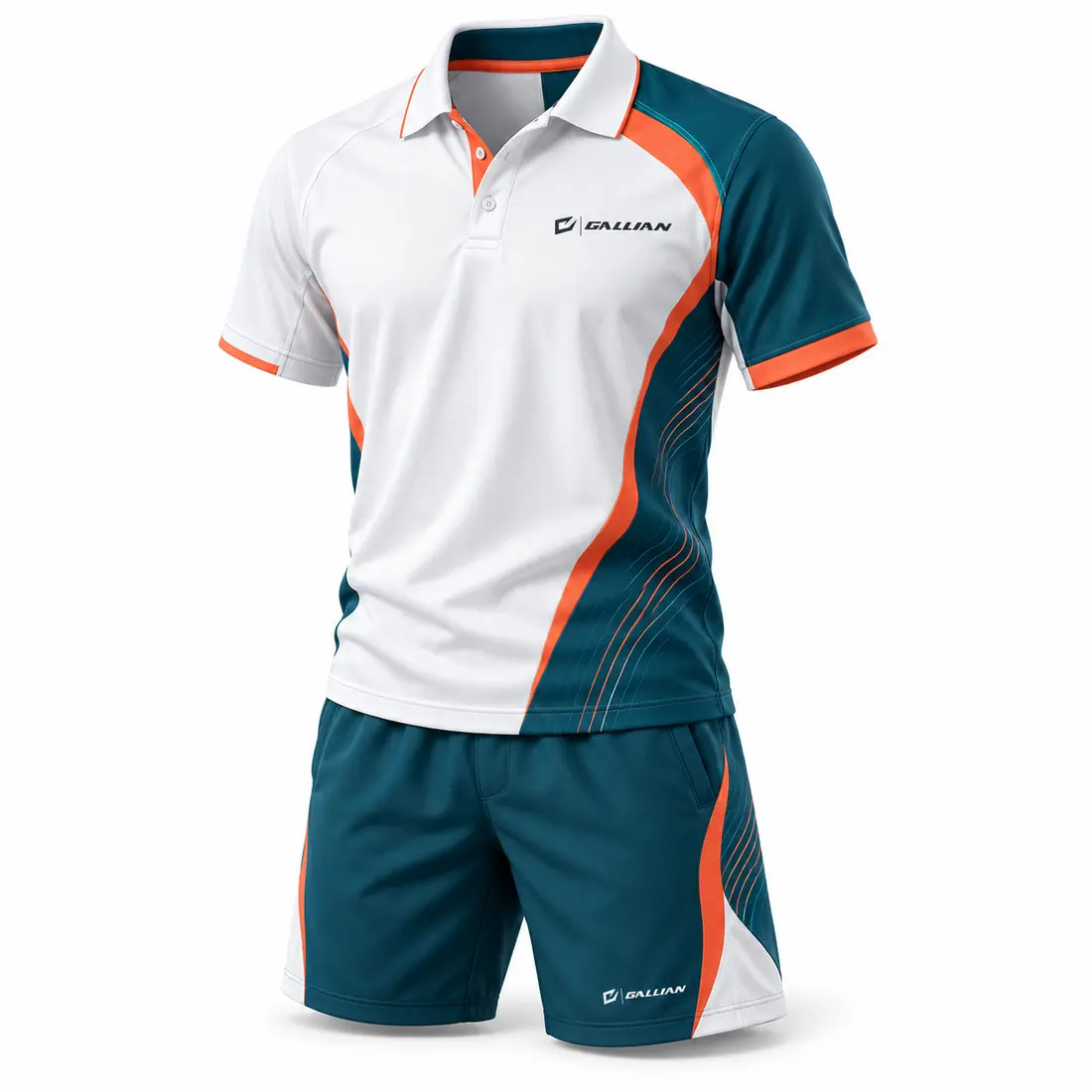 Arctic white tennis polo and shorts with deep petrol teal offset side sweeps, tiny ripple-line accents and restrained coral orange trim