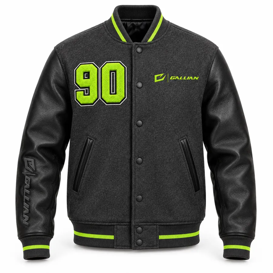 Voltage varsity jacket front, charcoal grey body, black sleeves, neon lime chenille number 90