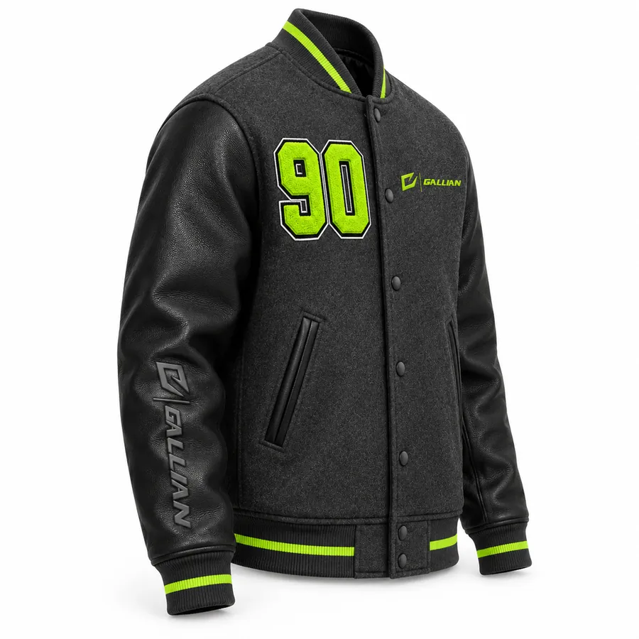 Side view of charcoal varsity jacket showing black sleeve debossed logo and lime-striped cuffs