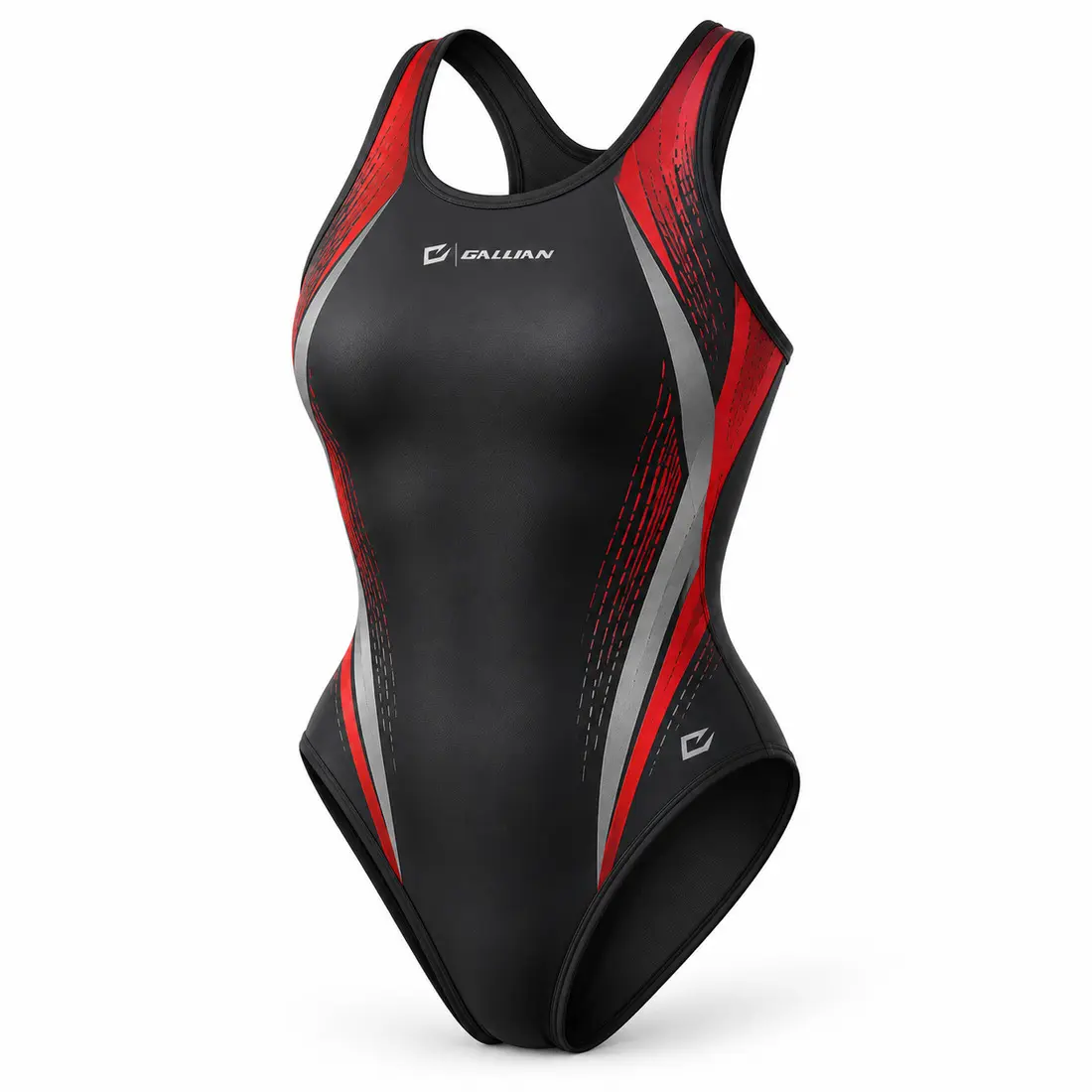 Ember women's team swimsuit in graphite black with vermilion red shoulder-to-side speed panels and fine warm silver line texture