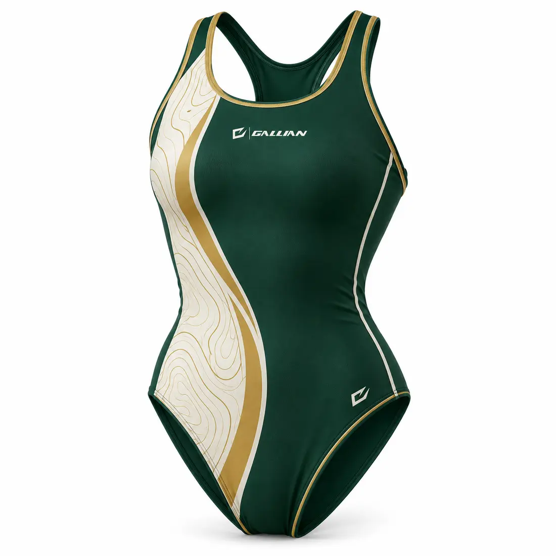 Regatta women's racerback team swimsuit in deep forest green with off-center panel, antique gold topography print and cream piping
