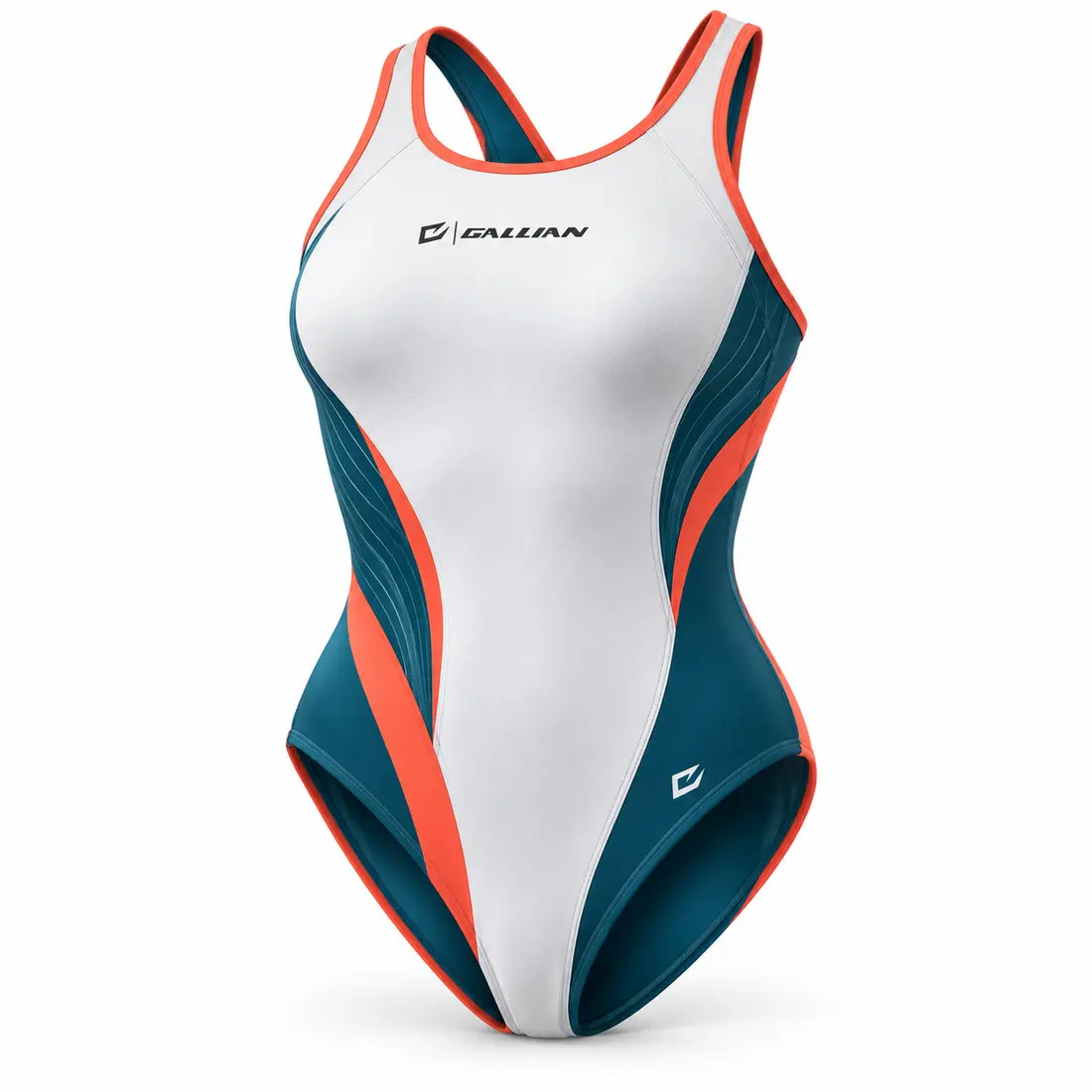 Tidal women's racerback team swimsuit in arctic white with sweeping petrol teal side blocks, ripple-line accents and coral orange trim