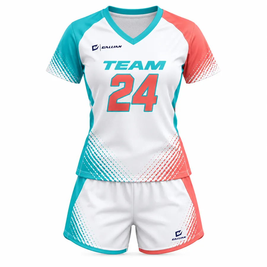 Kestrel girls' flag football uniform, white raglan jersey with aqua and coral sleeves and shorts, by Gallian Sports