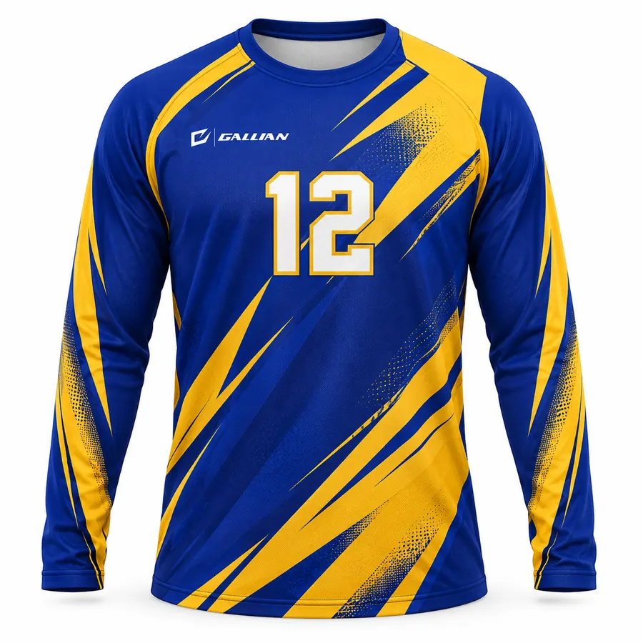 Warpath long-sleeve goalkeeper jersey, royal crew neck with yellow diagonal slashes, by Gallian Sports