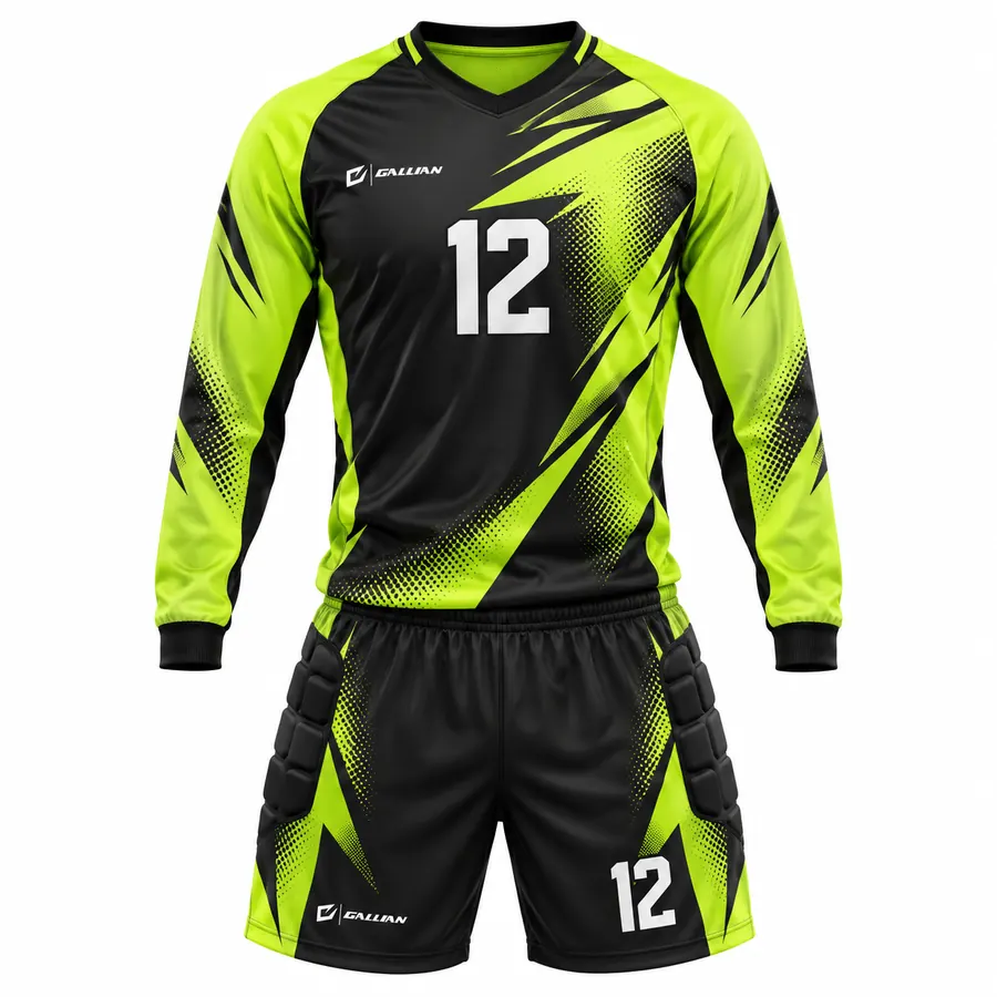 Badlands goalkeeper kit, black long-sleeve jersey with lime sleeves and padded black shorts, by Gallian Sports
