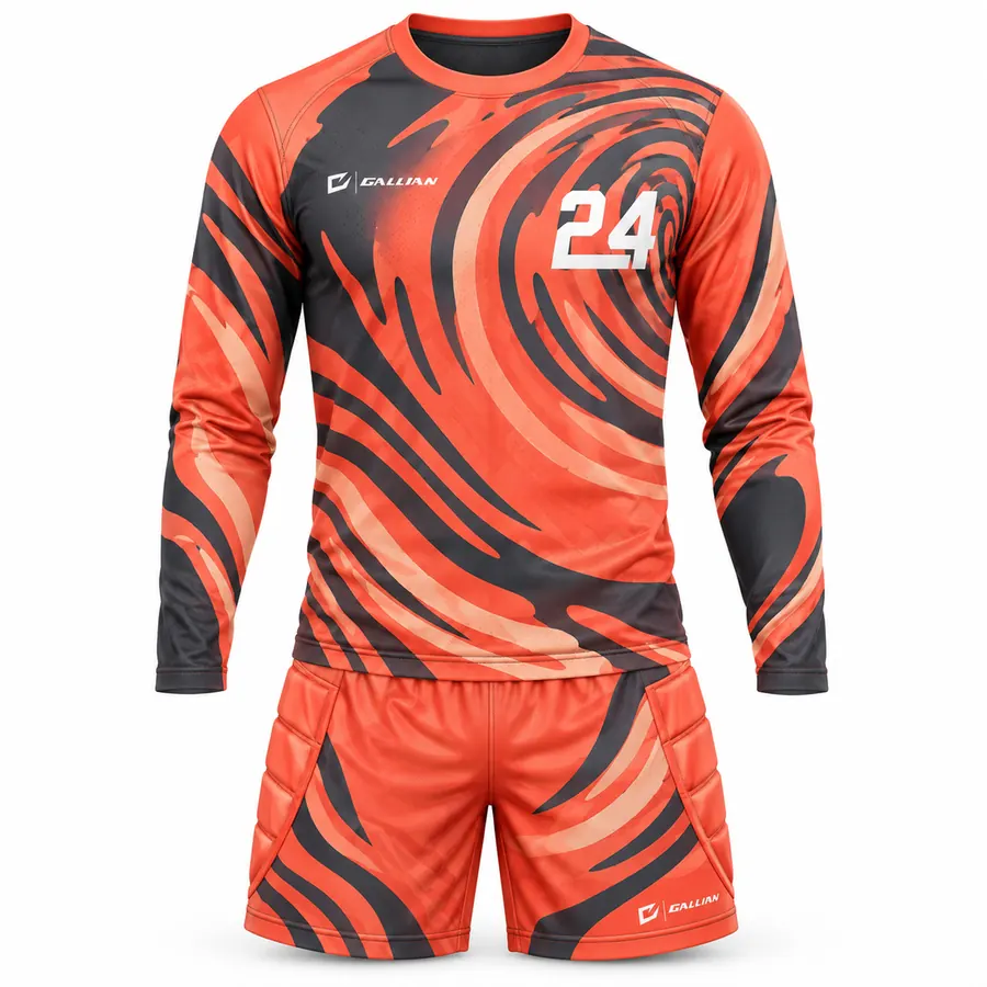 Comet goalkeeper kit, long-sleeve orange and charcoal tiger-swirl jersey with padded shorts, by Gallian Sports