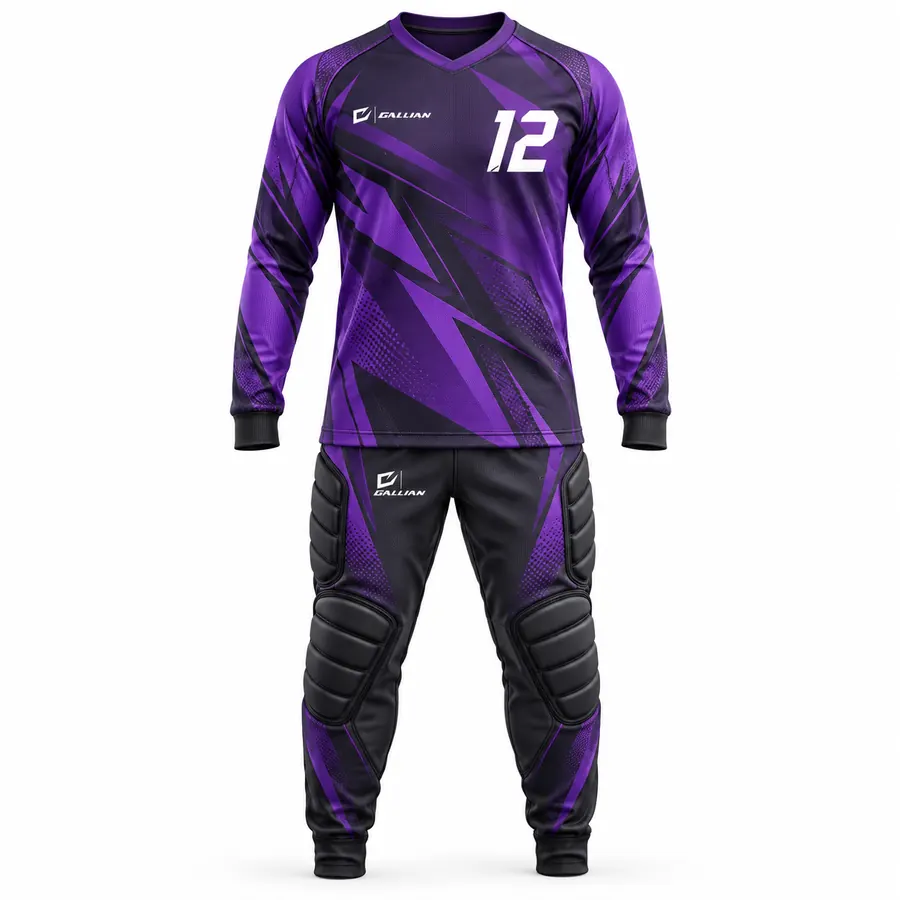 Wolfpack goalkeeper set, purple long-sleeve jersey with black padded pants and knee pads, by Gallian Sports