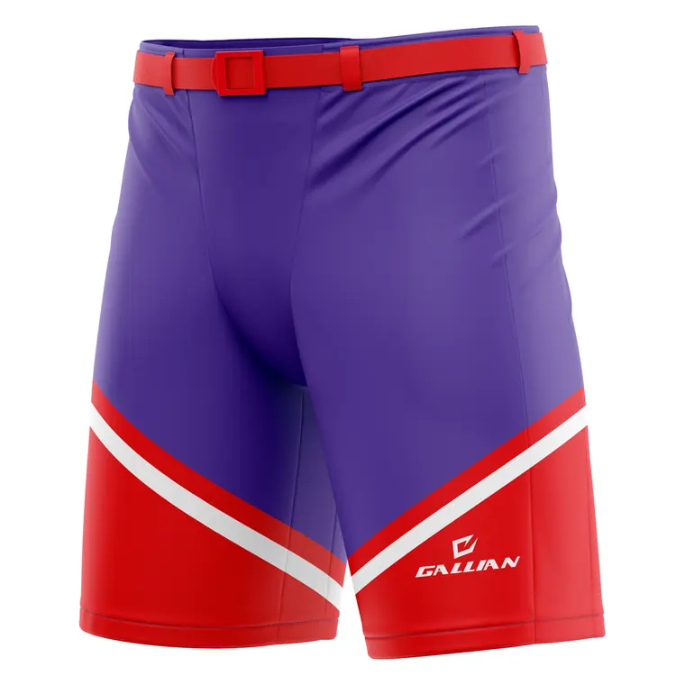 Custom Hockey Pant Shells – design 11 in purple & red, custom ice hockey apparel by Gallian Sports