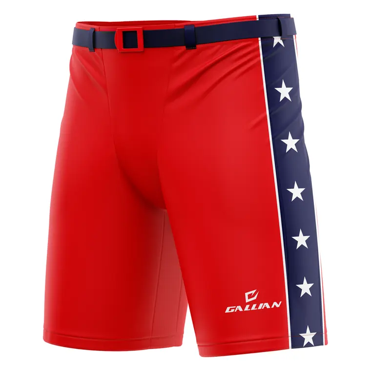 Custom Hockey Pant Shells – design 5 in red, custom ice hockey apparel by Gallian Sports