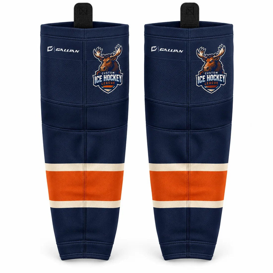 Custom Hockey Socks – Navy & Orange, custom sublimated ice hockey socks with team stripes by Gallian Sports